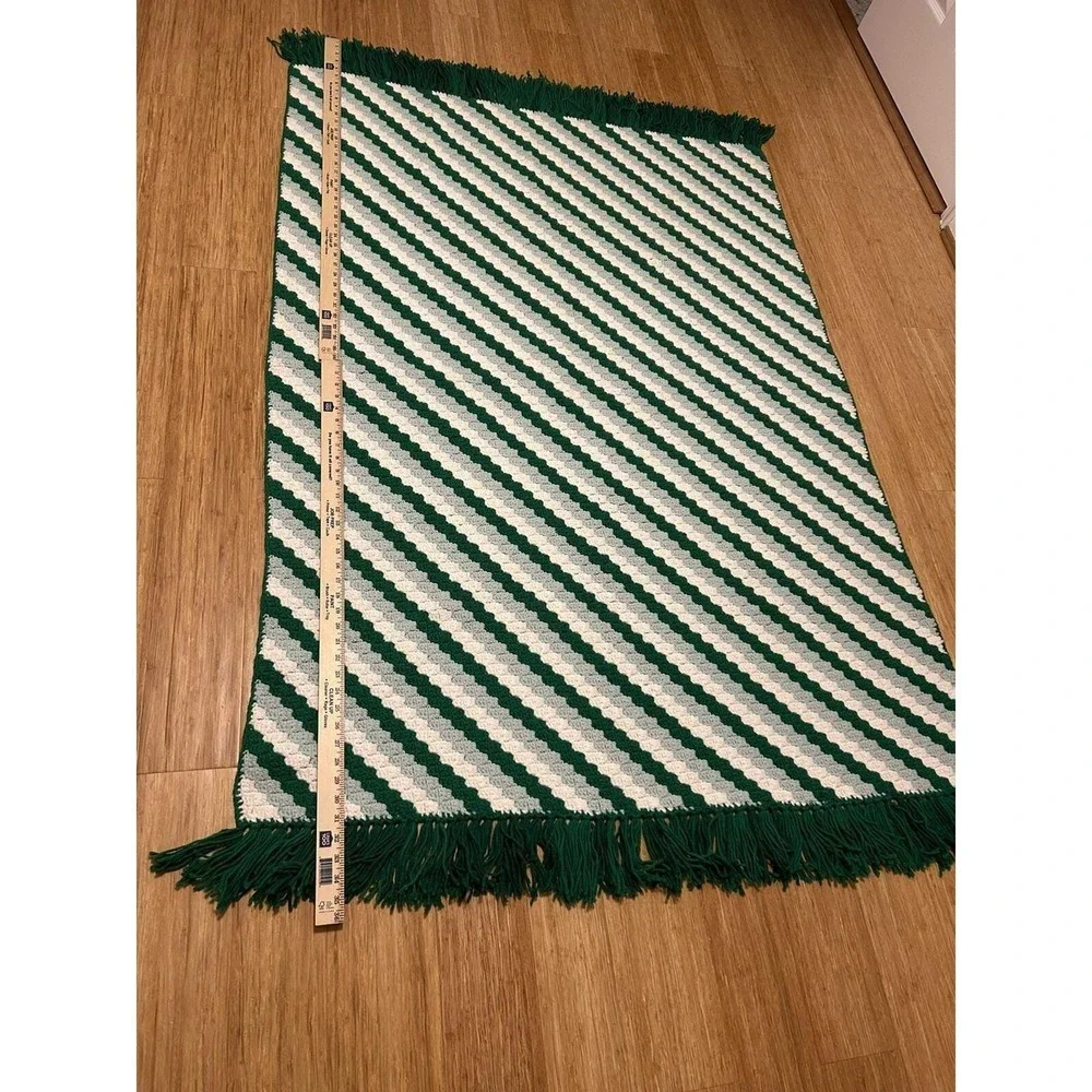 Vtg Crocheted Green White Afghan Throw‎ fringe 72x45 Retro Cottagecore Boho folk